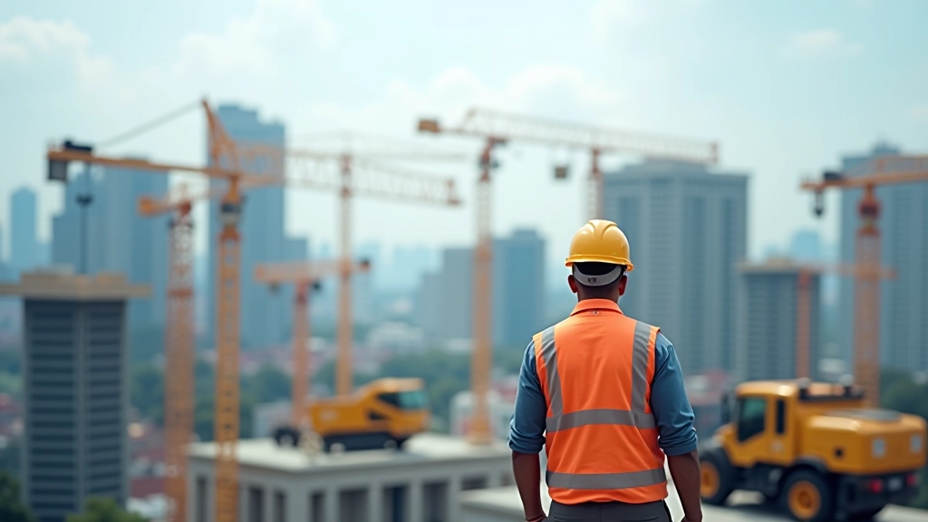 Construction site with modern infrastructure development, cranes, buildings under construction, and urban development in progress