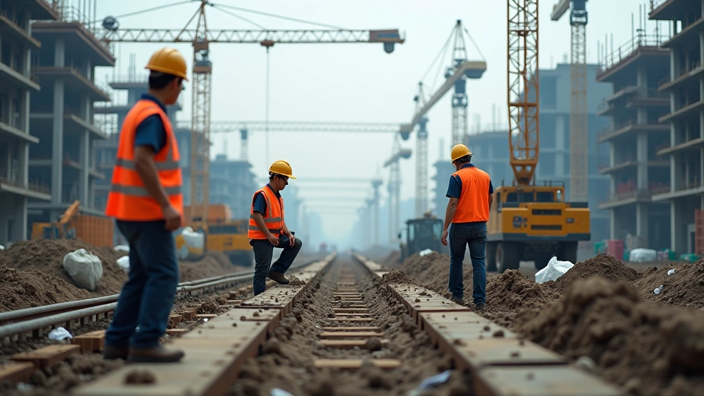 Construction site with skilled workers and machinery