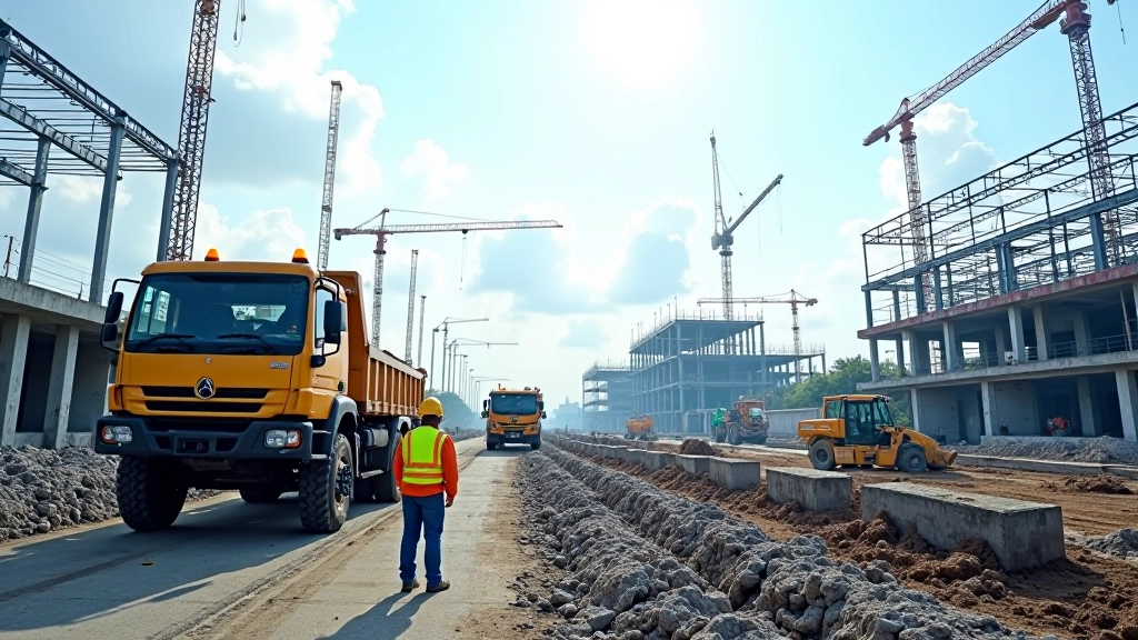 Construction site with cranes and workers, building framework under development, industrial area with equipment