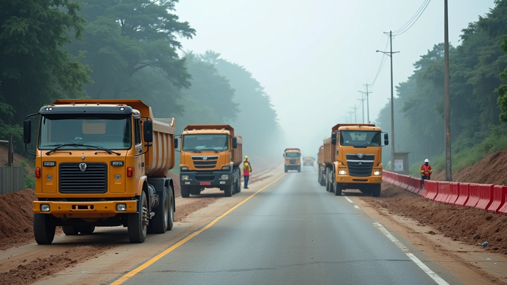 Construction site showing ongoing road and infrastructure development work with heavy machinery, safety barriers, and workers in protective equipment