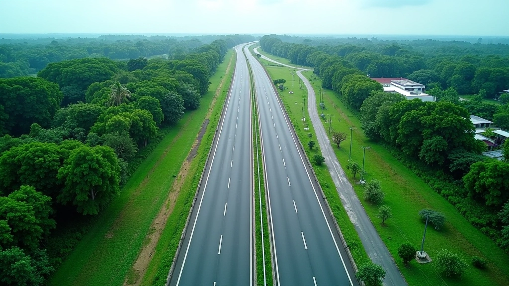 Aerial view of a well-maintained highway corridor stretching through Malaysian landscape with green vegetation on both sides