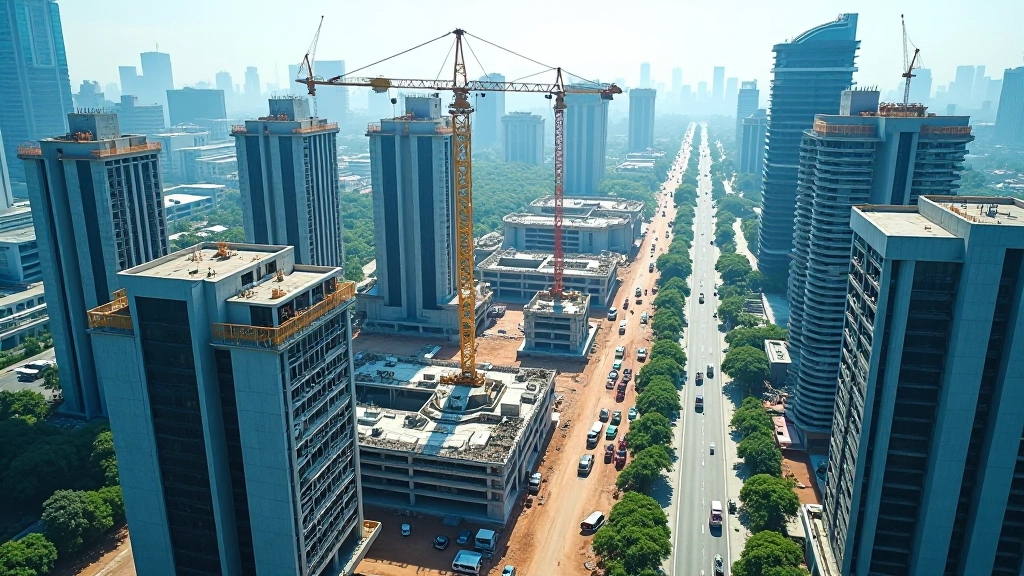 Aerial view of urban construction development with multiple project sites, cranes, and modern buildings in progress
