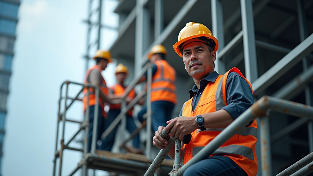 Construction workers on scaffolding, wearing safety equipment and hard hats, performing building framework assembly on high-rise project