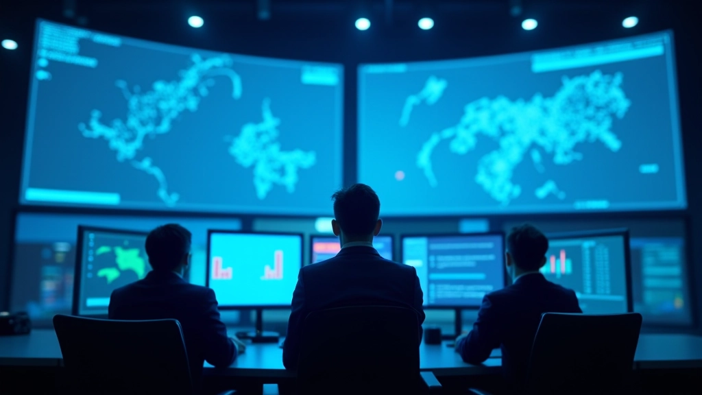 Control center with multiple digital displays showing real-time city data, network visualization, and IoT sensor feeds on screens