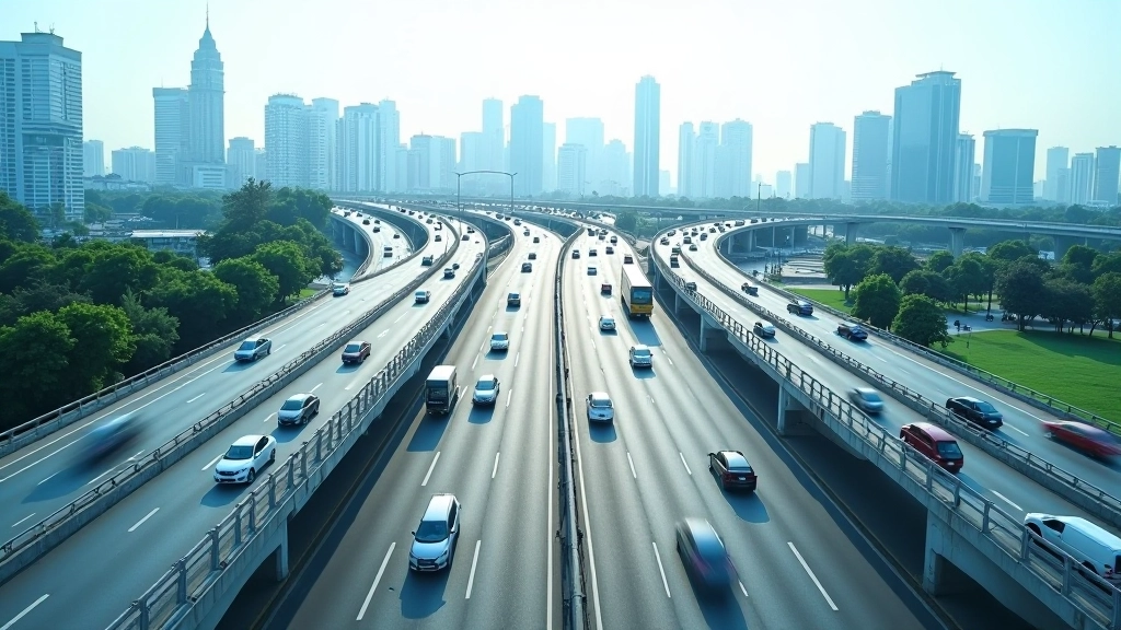 Modern highway interchange with multiple lanes during daytime, urban landscape visible in background