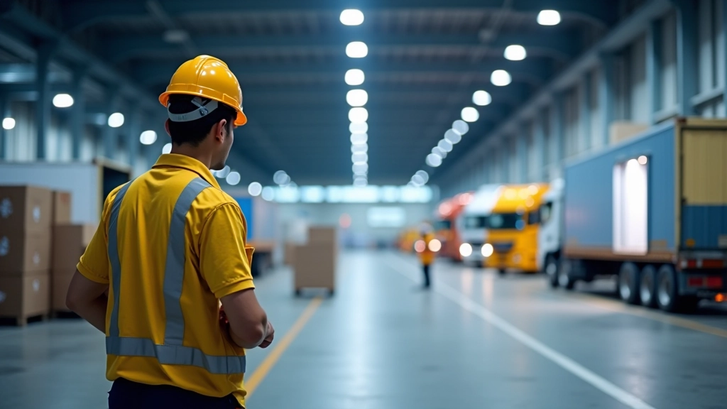 Busy logistics hub with multiple trucks loading and unloading cargo, demonstrating efficient supply chain operations enabled by transport infrastructure