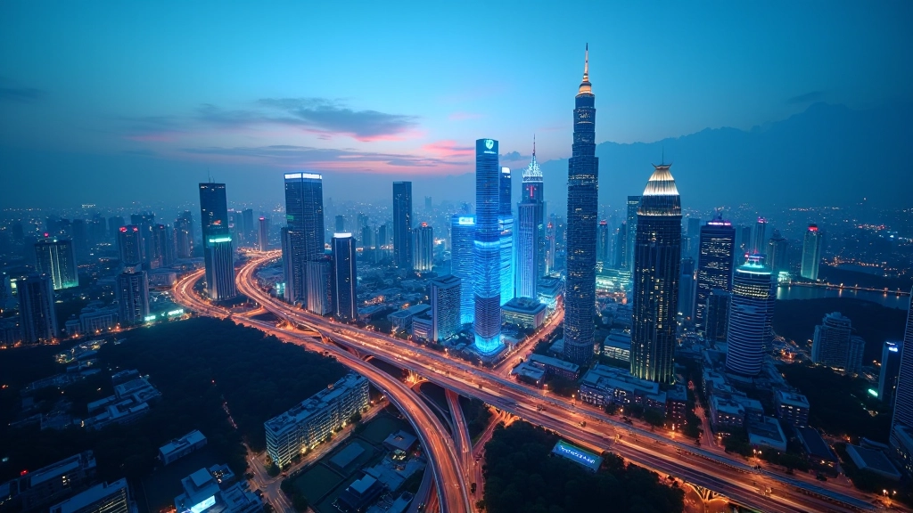 Smart city landscape with illuminated buildings, digital network connections visible, modern urban environment at dusk