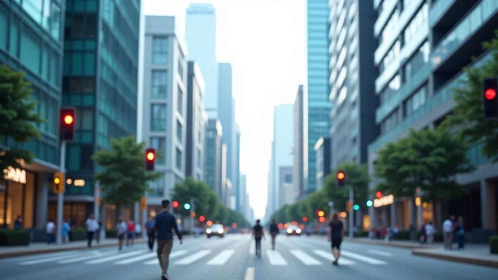 Urban intersection with smart traffic signals, digital information displays, and connected infrastructure elements visible in the scene