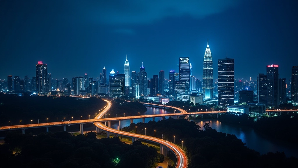 Modern smart city skyline with contemporary buildings, LED lighting, connected infrastructure, urban development at night