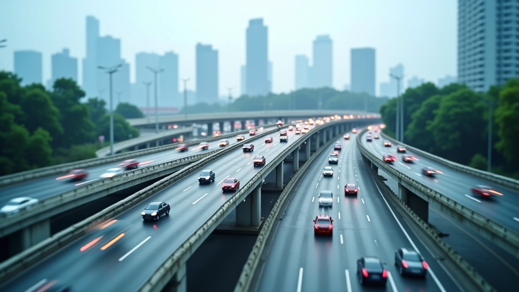 Modern highway interchange with multiple levels, busy traffic flow, urban landscape with buildings, professional infrastructure photography