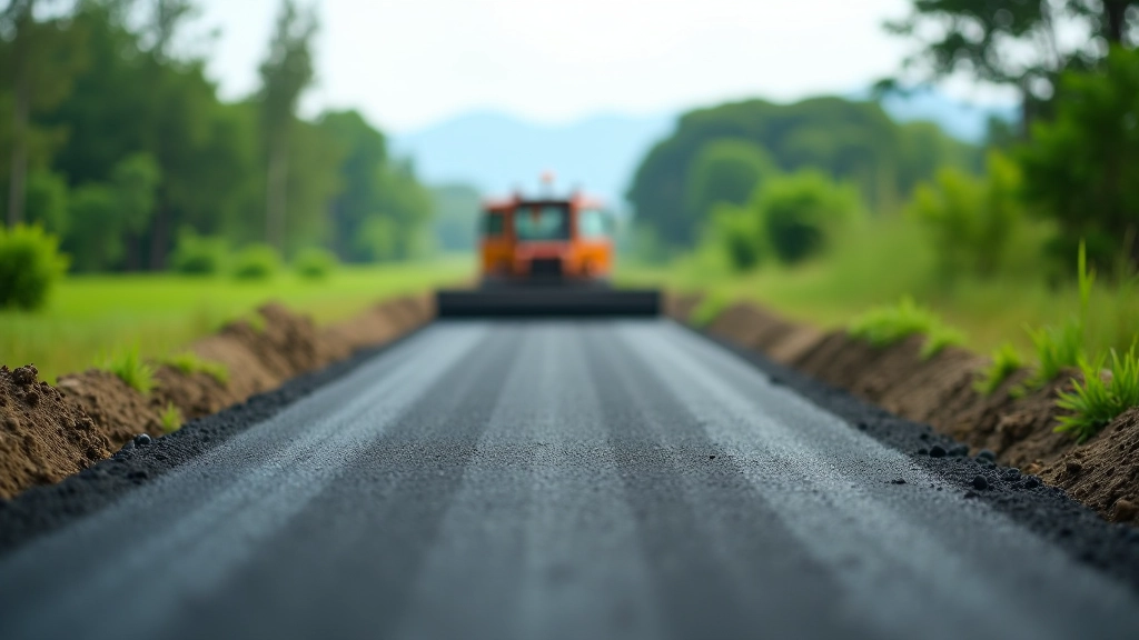 Rural road infrastructure with road construction equipment, asphalt work in progress, rural landscape with vegetation