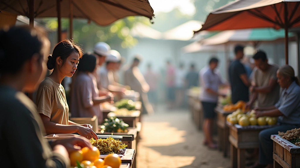 Community gathering or market scene in rural area with people using digital devices and conducting commerce