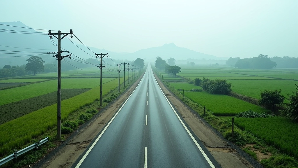 Rural road stretching through landscape with utility poles, agricultural areas visible, development in progress