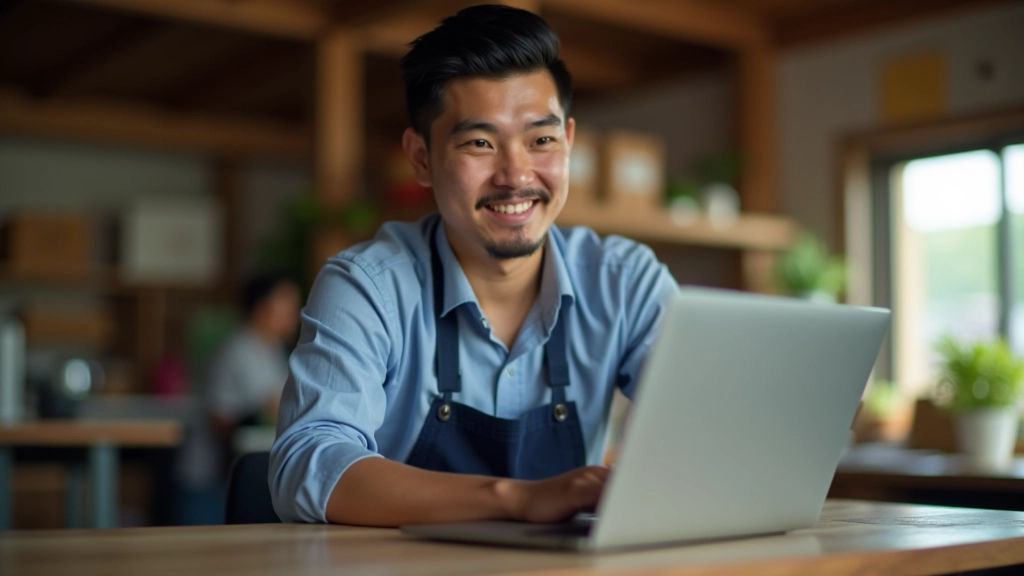 Small rural business owner using laptop and digital technology in modest shop setting, conducting online commerce