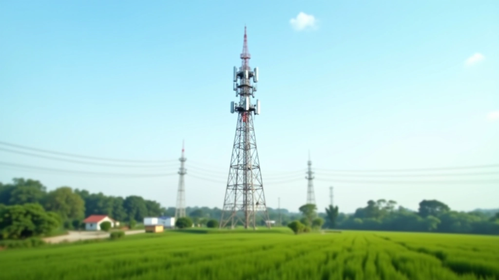 Modern telecommunications tower with fiber optic cables in rural setting, transmitting signal across countryside landscape